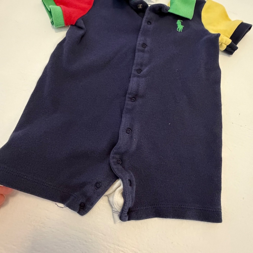 Ralph Lauren Baby Boy Colorblock Polo Romper Navy Red Yellow 9M - Picture 3 of 5